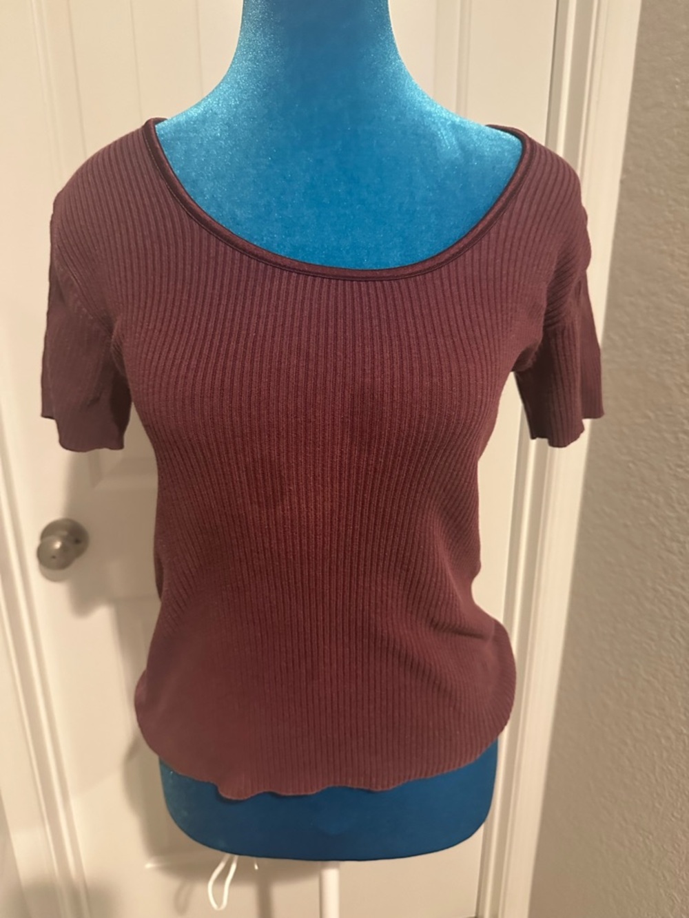 Burgundy/Brown Ribbed Short Sleeve Top – Oil Stain on Front – Good Work Shirt